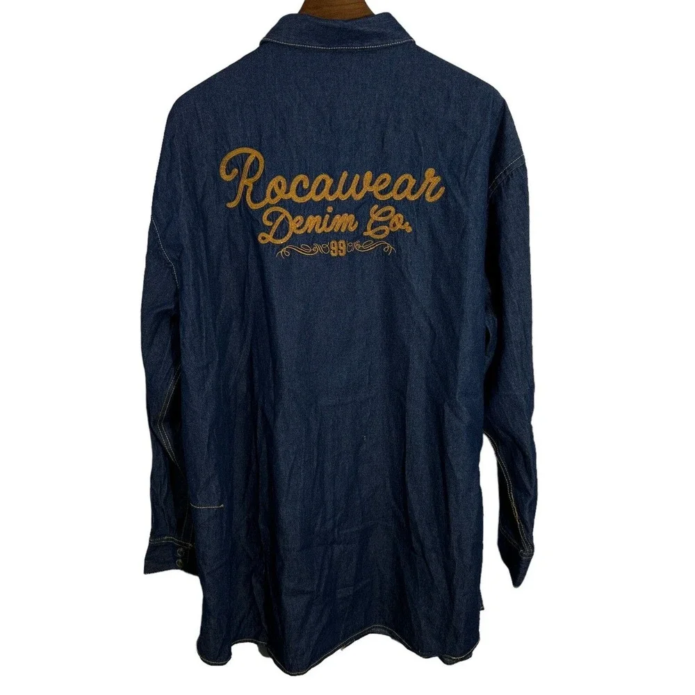 ROCAWEAR Vintage Mens Blue Denim‎ Button Up Jacket Trucker Hip Hop Y2K 3XL